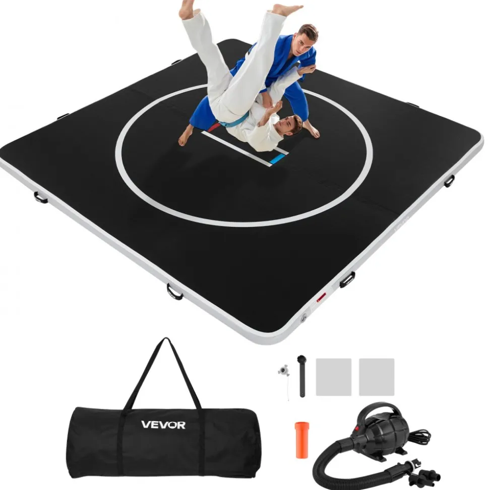 VEVOR 10x10 ft Wrestling Mat Inflatable, Martial Arts Thick Mat for Home Gym Exercise, PVC Foldable Training Mats with Circles and 600W Air Pump, for Gymnastics, Tatami, Jiu Jitsu BJJ MMA Judo, Black