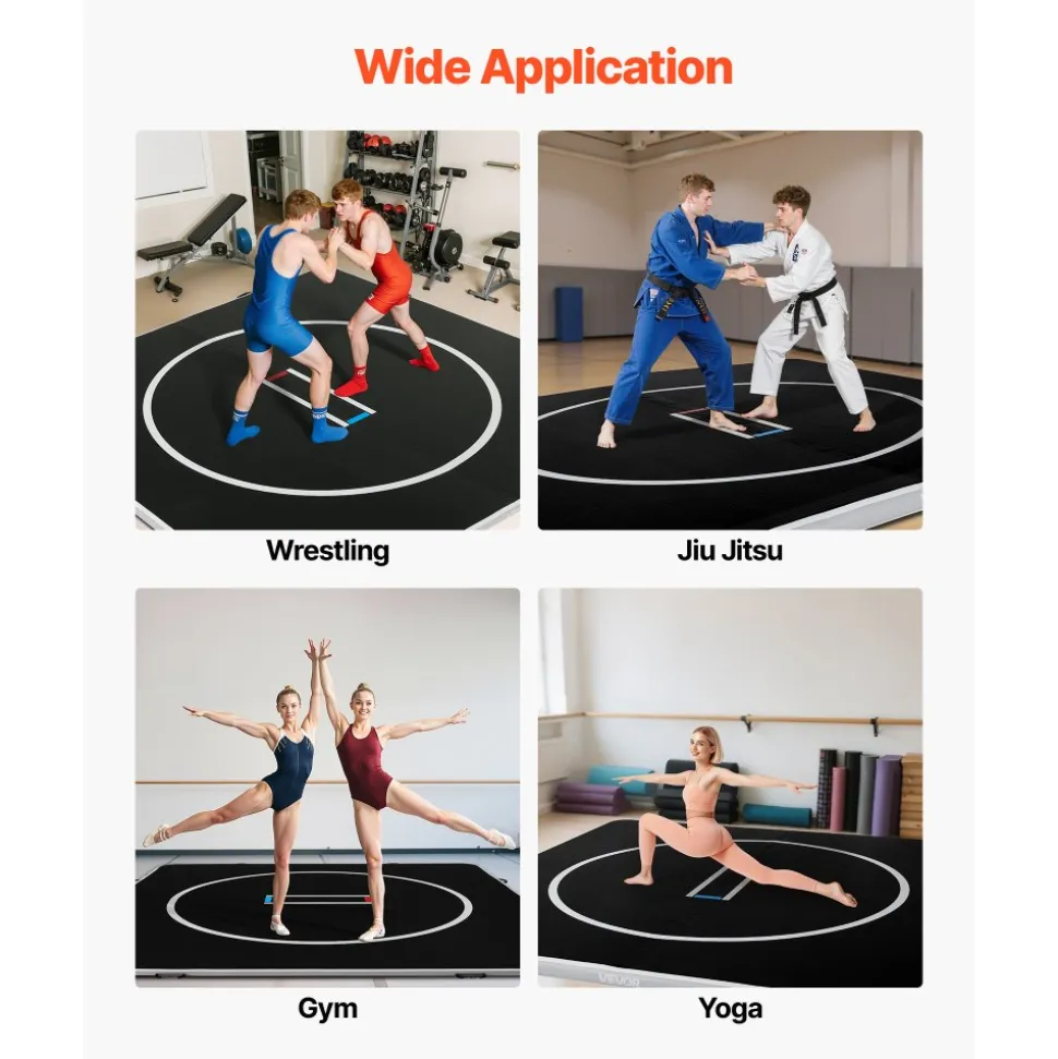 VEVOR 10x10 ft Wrestling Mat Inflatable, Martial Arts Thick Mat for Home Gym Exercise, PVC Foldable Training Mats with Circles and 600W Air Pump, for Gymnastics, Tatami, Jiu Jitsu BJJ MMA Judo, Black
