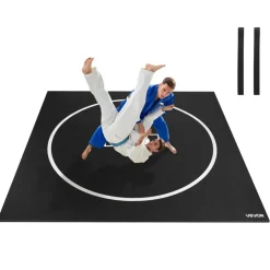 VEVOR 10x10 ft Wrestling Mat, Martial Arts Thick Mat for Home Gym Workouts Exercise, Waterproof PVC Roll-Up Training Mats with Circles, for Gymnastics, Tatami, Jiu Jitsu BJJ MMA Judo, Boxing, Black