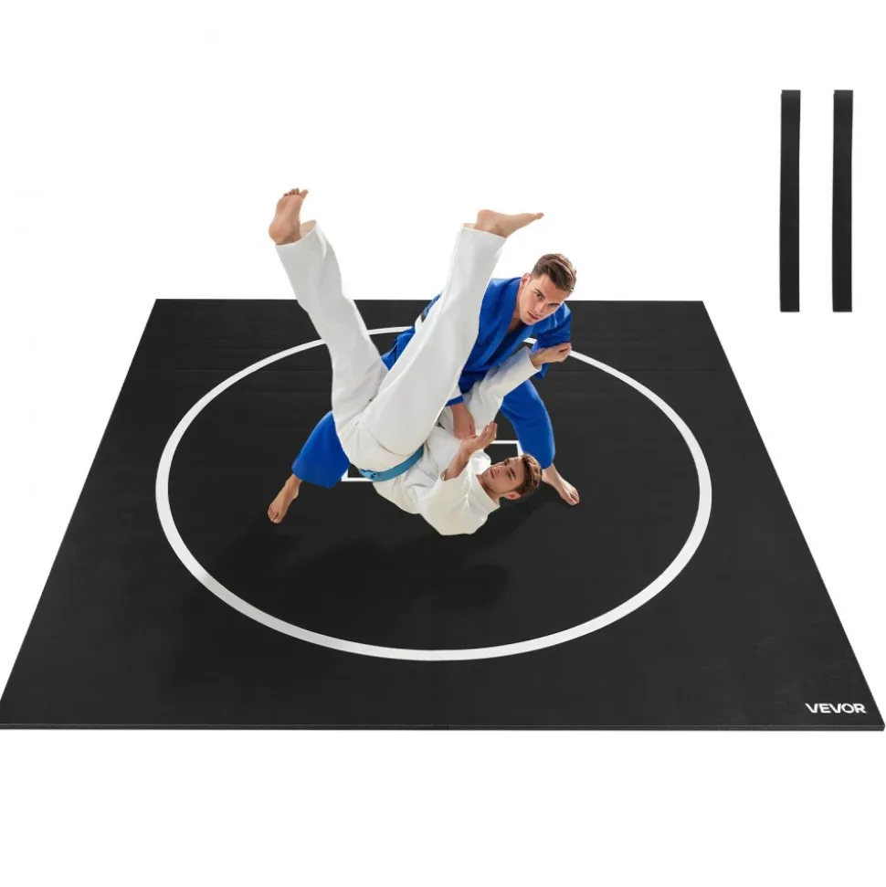 VEVOR 10x10 ft Wrestling Mat, Martial Arts Thick Mat for Home Gym Workouts Exercise, Waterproof PVC Roll-Up Training Mats with Circles, for Gymnastics, Tatami, Jiu Jitsu BJJ MMA Judo, Boxing, Black