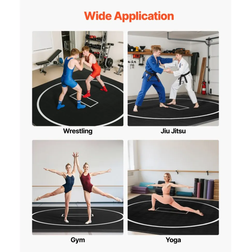 VEVOR 10x10 ft Wrestling Mat, Martial Arts Thick Mat for Home Gym Workouts Exercise, Waterproof PVC Roll-Up Training Mats with Circles, for Gymnastics, Tatami, Jiu Jitsu BJJ MMA Judo, Boxing, Black
