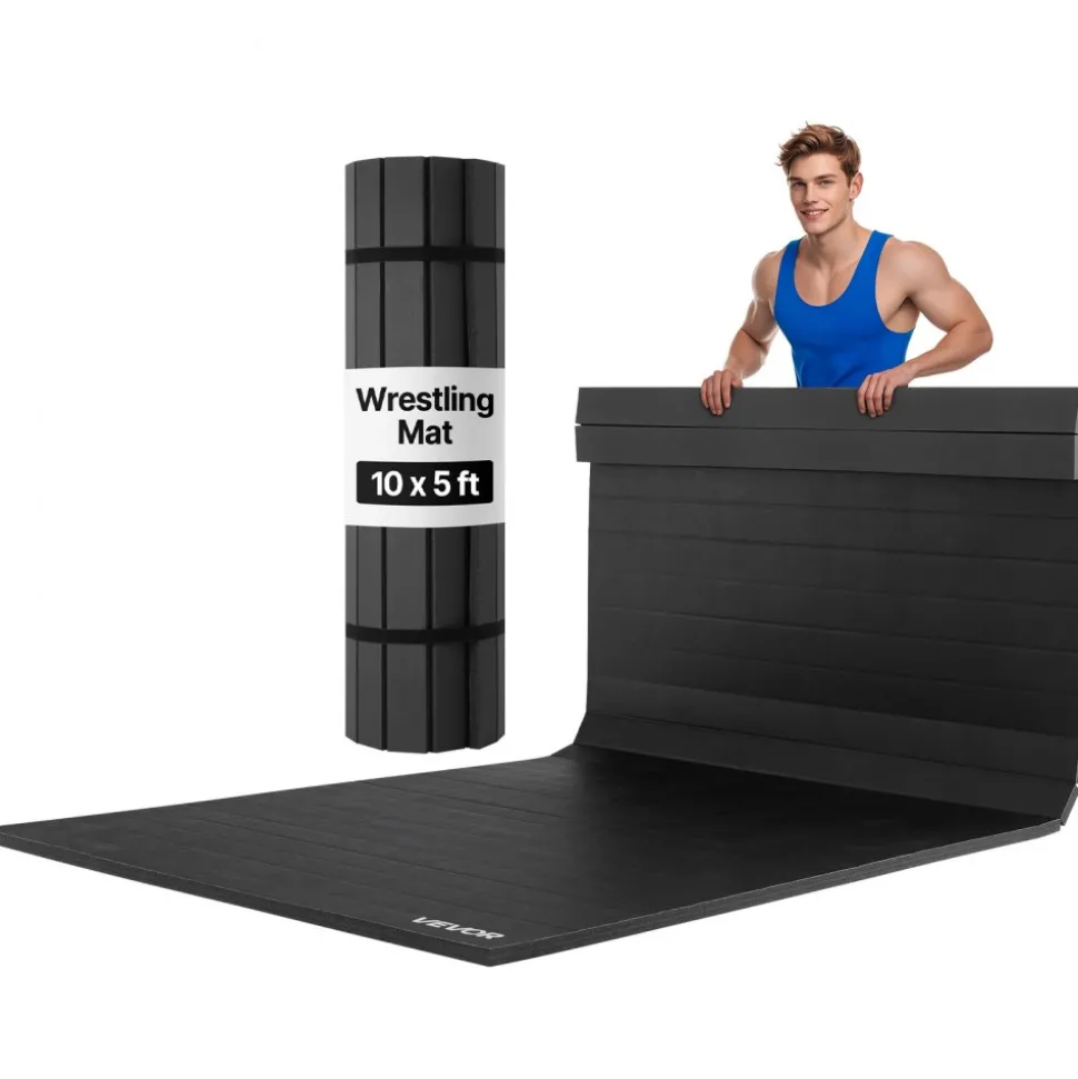 VEVOR 10x5 ft Wrestling Mat, Martial Arts Thick Mat for Home Gym Workouts Exercise, Waterproof PVC Roll-Up Training Mats for Gymnastics, Tatami, Jiu Jitsu BJJ MMA Judo, Boxing, Black