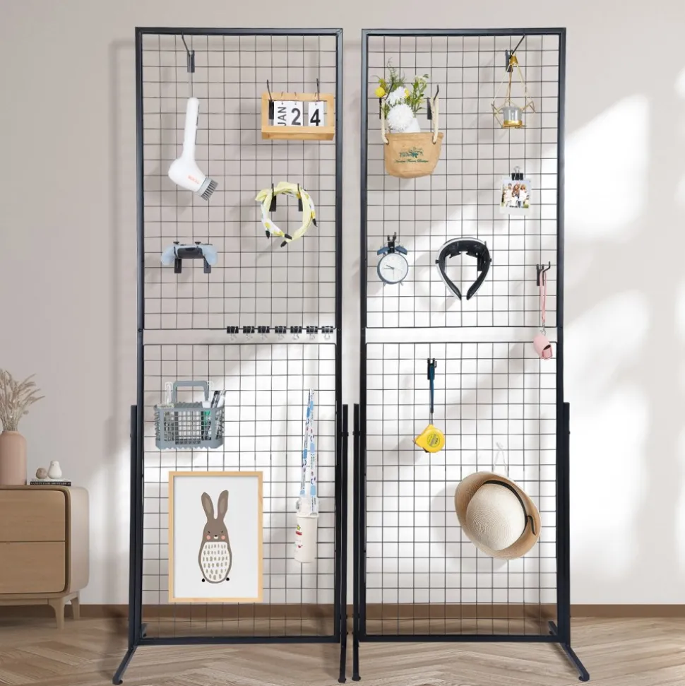 VEVOR 2' x 5.6' Grid Wall Panels Tower, 2 Packs Wire Gridwall Display Racks with T-Base Floorstanding, Double Side Gridwall Panels for Art Craft Shows, Retail Display with Extra Clips and Hooks