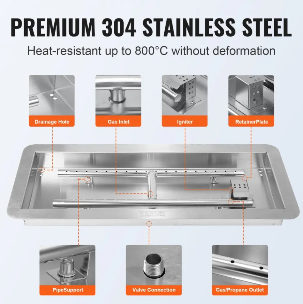 VEVOR 24 x 8 inch Drop-in Fire Pit Pan, Rectangular Stainless Steel Fire Pit Burner Kit, Propane Gas Fire Pan 120,000 BTU with H-Burner for Indoor or Outdoor Use