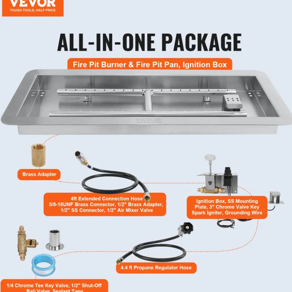 VEVOR 24 x 8 inch Drop-in Fire Pit Pan, Rectangular Stainless Steel Fire Pit Burner Kit, Propane Gas Fire Pan 120,000 BTU with H-Burner for Indoor or Outdoor Use
