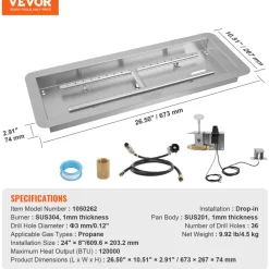 VEVOR 24 x 8 inch Drop-in Fire Pit Pan, Rectangular Stainless Steel Fire Pit Burner Kit, Propane Gas Fire Pan 120,000 BTU with H-Burner for Indoor or Outdoor Use