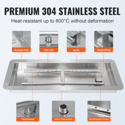 VEVOR 36 x 12 inch Drop-in Fire Pit Pan, Rectangular Stainless Steel Fire Pit Burner Kit, Natural & Propane Gas Fire Pan 150,000 BTU with H-Burner for Indoor or Outdoor Use
