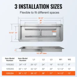 VEVOR 36 x 12 inch Drop-in Fire Pit Pan, Rectangular Stainless Steel Fire Pit Burner Kit, Natural & Propane Gas Fire Pan 150,000 BTU with H-Burner for Indoor or Outdoor Use