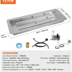 VEVOR 36 x 12 inch Drop-in Fire Pit Pan, Rectangular Stainless Steel Fire Pit Burner Kit, Natural & Propane Gas Fire Pan 150,000 BTU with H-Burner for Indoor or Outdoor Use