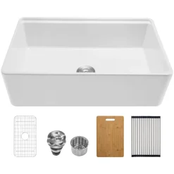 VEVOR 32.5x20 inch Farmhouse Sink, White Sink Workstation, Fireclay Undermount Basins, Apron Front Single Bowl Basin with Multiple Accessories, Large Capacity Household Dishwasher Sinks for Kitchen