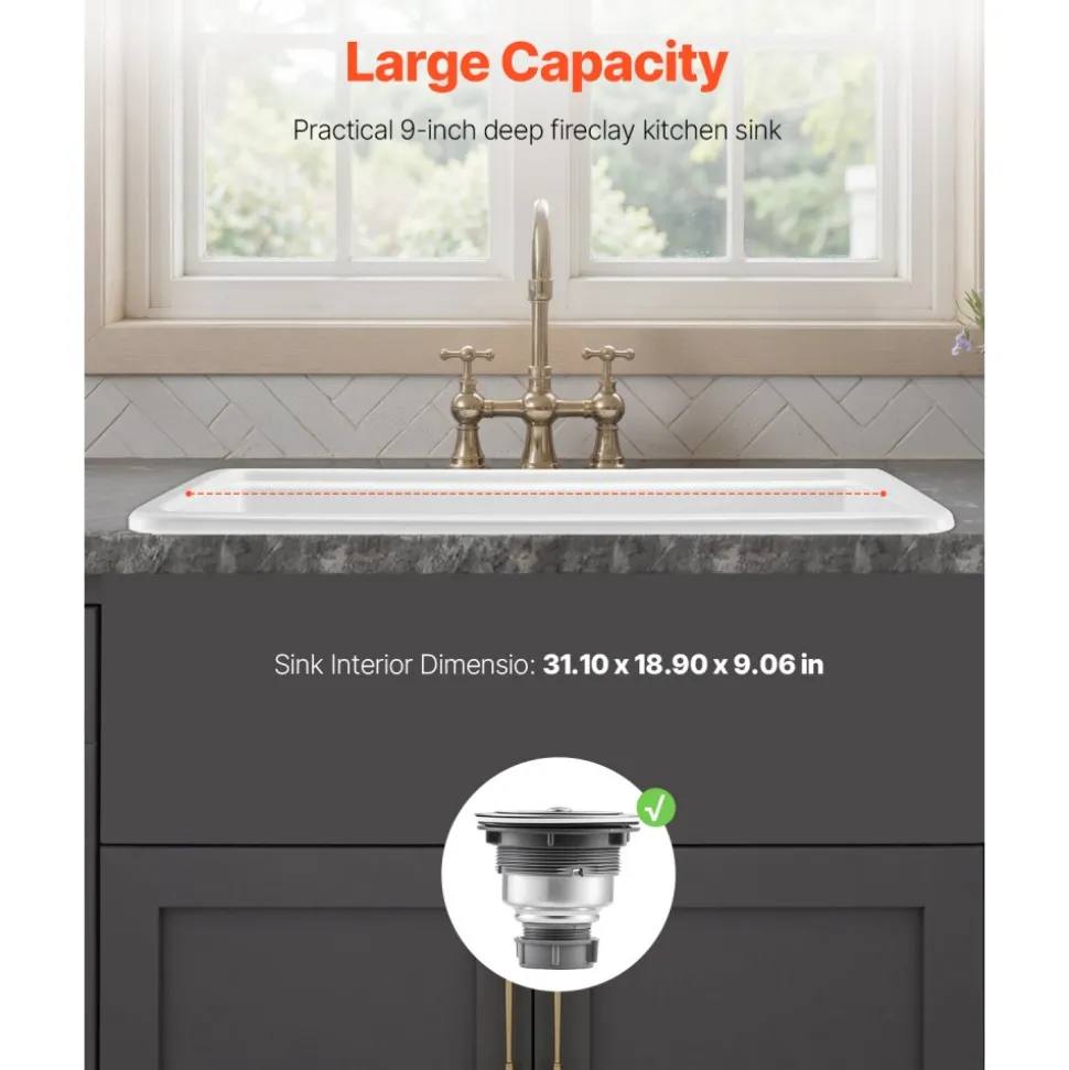 VEVOR 33x19 inch Farmhouse Sink, White Sink Workstation, Fireclay Topmount Undermount Basin, Drop-In Single Bowl Basin with Multiple Accessories, Large Capacity Household Dishwasher Sinks for Kitchen