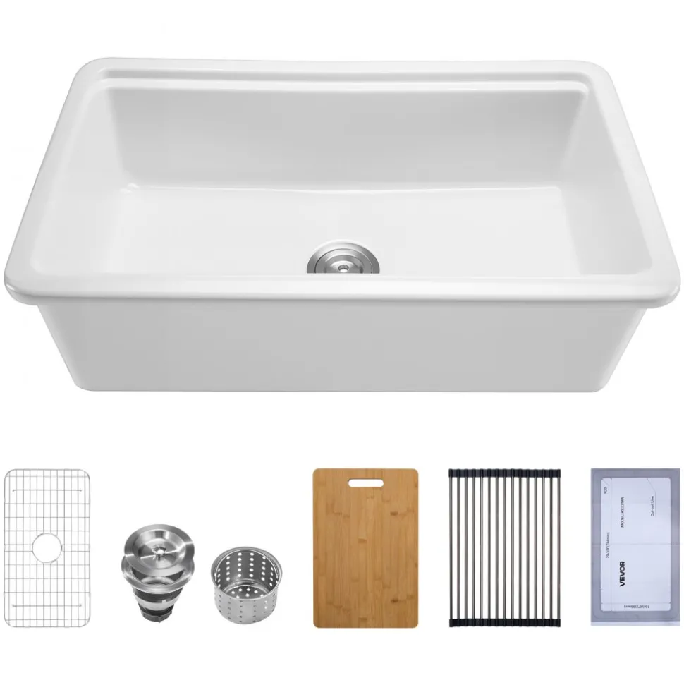 VEVOR 33x19 inch Farmhouse Sink, White Sink Workstation, Fireclay Topmount Undermount Basin, Drop-In Single Bowl Basin with Multiple Accessories, Large Capacity Household Dishwasher Sinks for Kitchen
