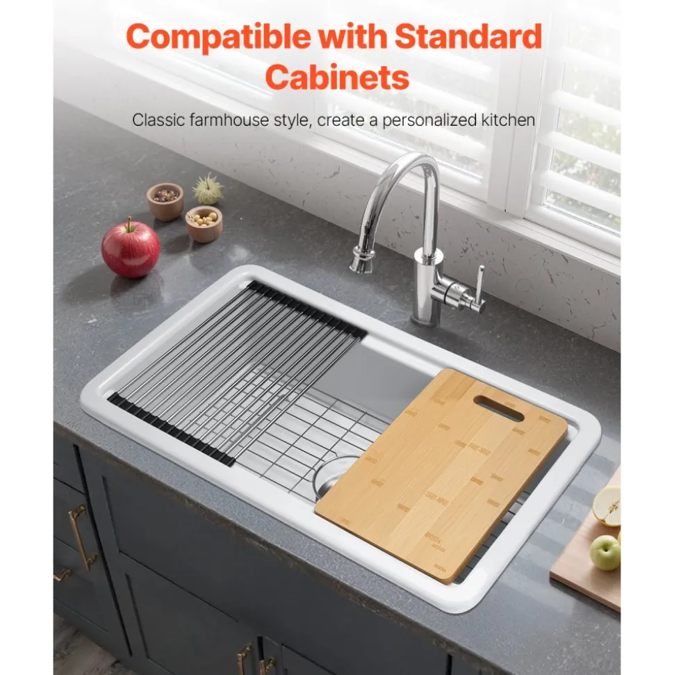 VEVOR 33x19 inch Farmhouse Sink, White Sink Workstation, Fireclay Topmount Undermount Basin, Drop-In Single Bowl Basin with Multiple Accessories, Large Capacity Household Dishwasher Sinks for Kitchen