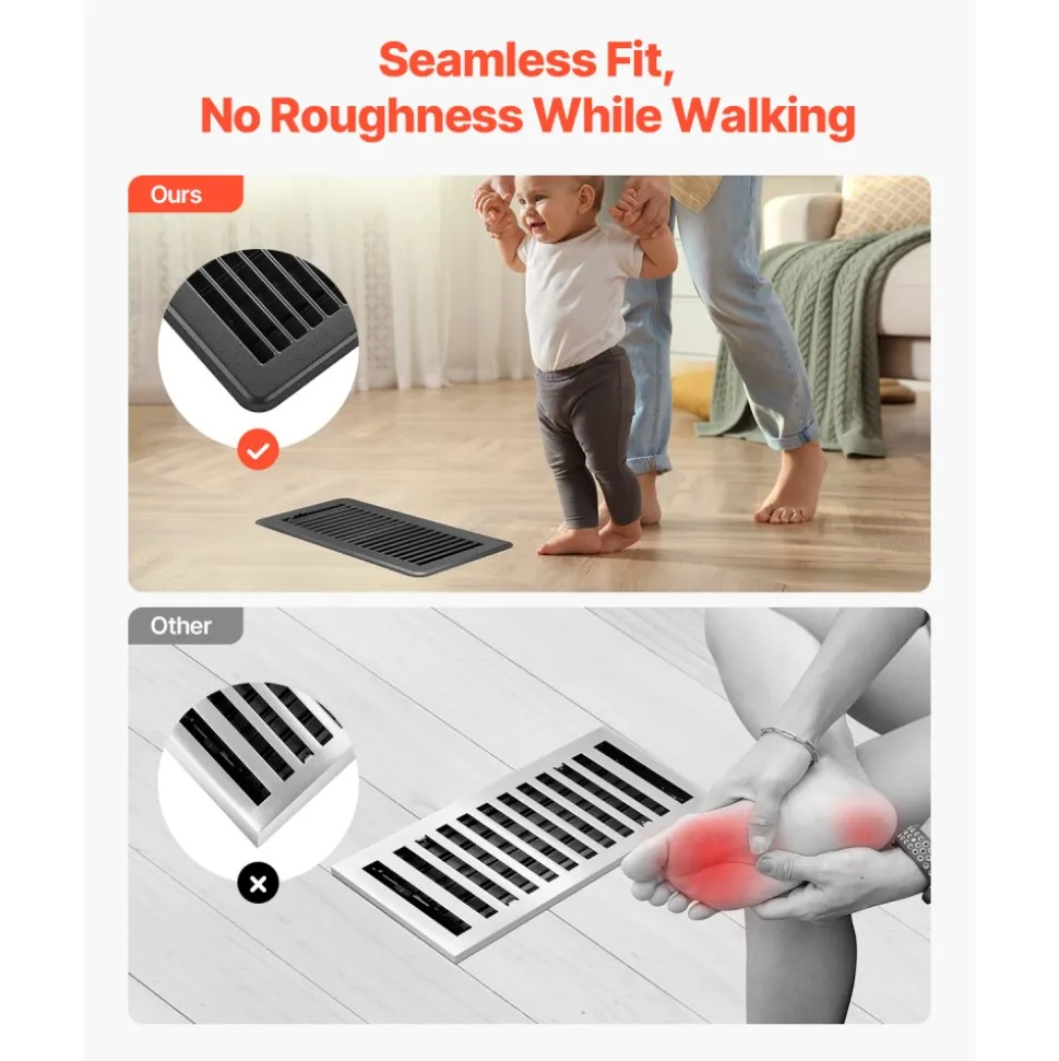 VEVOR 4 x 10 Inch Floor Registers, 12-Pack Vent Grilles, HAVC Heavy-Duty Walkable Iron Floor Vents, Easily Adjustable Rust-Proof Air Vents Deflector with Metal Damper, Ideal for Home & Office, Black
