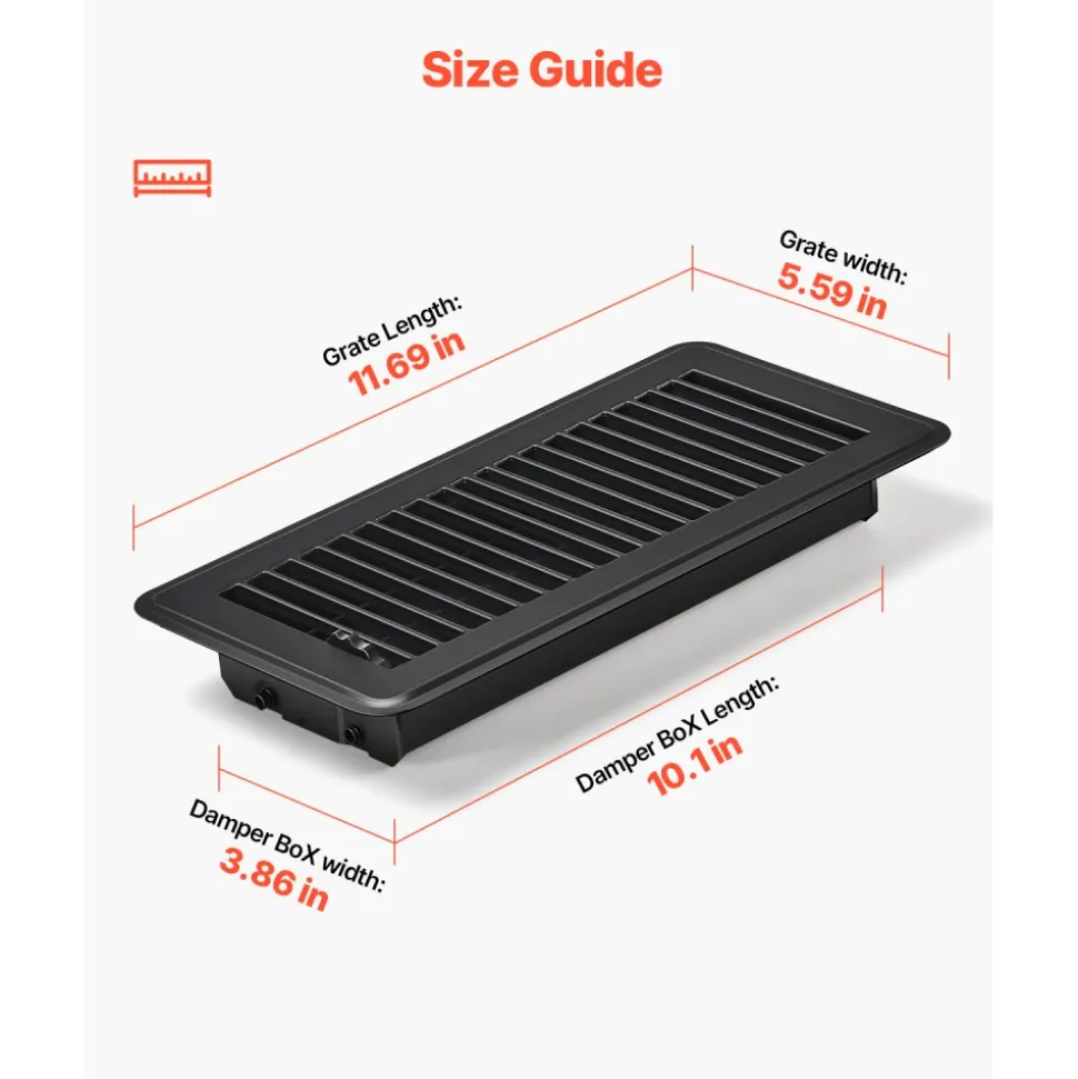 VEVOR 4 x 10 Inch Floor Registers, 12-Pack Vent Grilles, HAVC Heavy-Duty Walkable Iron Floor Vents, Easily Adjustable Rust-Proof Air Vents Deflector with Metal Damper, Ideal for Home & Office, Black