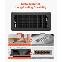 VEVOR 4 x 10 Inch Floor Registers, 12-Pack Vent Grilles, HAVC Heavy-Duty Walkable Iron Floor Vents, Easily Adjustable Rust-Proof Air Vents Deflector with Metal Damper, Ideal for Home & Office, Black