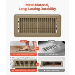 VEVOR 4 x 10 Inch Floor Registers, 6-Pack Vent Grilles, HVAC Heavy-Duty Walkable Iron Floor Vents, Easily Adjustable Rust-Proof Air Vents Deflector with Metal Damper, Ideal for Home & Office, Brown