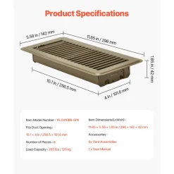 VEVOR 4 x 10 Inch Floor Registers, 6-Pack Vent Grilles, HVAC Heavy-Duty Walkable Iron Floor Vents, Easily Adjustable Rust-Proof Air Vents Deflector with Metal Damper, Ideal for Home & Office, Brown