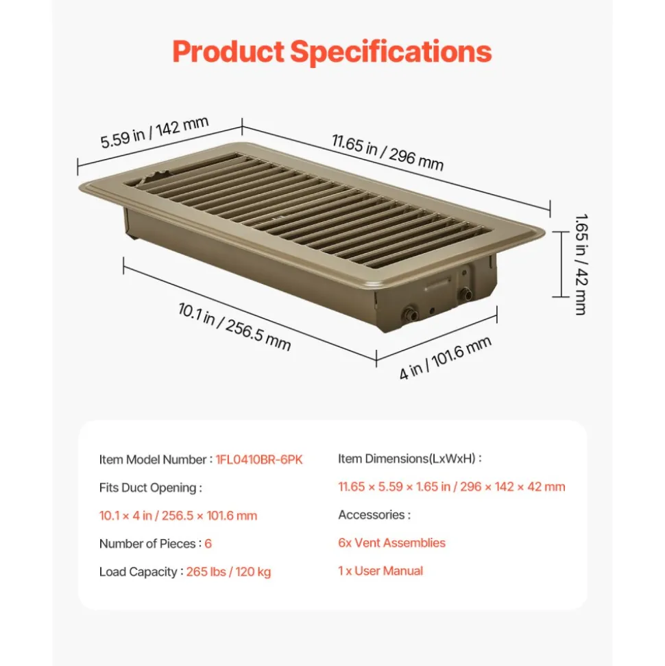 VEVOR 4 x 10 Inch Floor Registers, 6-Pack Vent Grilles, HVAC Heavy-Duty Walkable Iron Floor Vents, Easily Adjustable Rust-Proof Air Vents Deflector with Metal Damper, Ideal for Home & Office, Brown