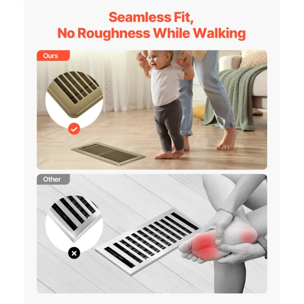 VEVOR 4 x 10 Inch Floor Registers, 6-Pack Vent Grilles, HVAC Heavy-Duty Walkable Iron Floor Vents, Easily Adjustable Rust-Proof Air Vents Deflector with Metal Damper, Ideal for Home & Office, Brown