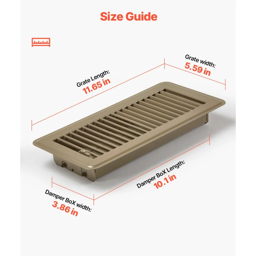 VEVOR 4 x 10 Inch Floor Registers, 6-Pack Vent Grilles, HVAC Heavy-Duty Walkable Iron Floor Vents, Easily Adjustable Rust-Proof Air Vents Deflector with Metal Damper, Ideal for Home & Office, Brown