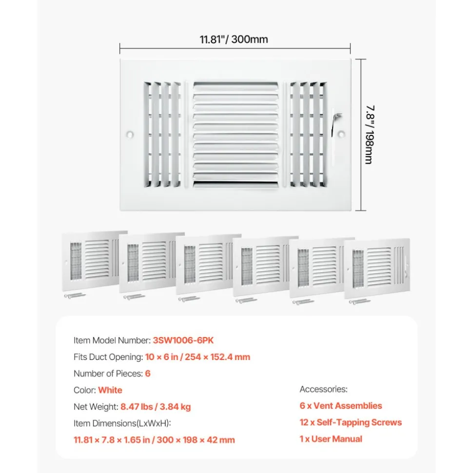 VEVOR 6 x 10 Inch Floor Registers, 6-Pack Floor Vents, HVAC 3-Direction Iron Vent Grilles for Home/Office Wall & Ceiling, Rustproof Anti-Peeling Air Vents Deflector Adjustable with Metal Damper, White