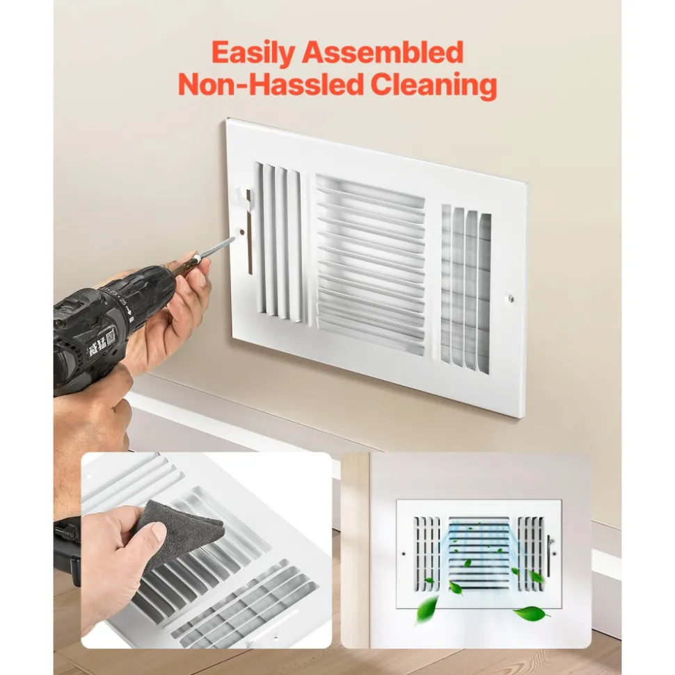 VEVOR 6 x 10 Inch Floor Registers, 6-Pack Floor Vents, HVAC 3-Direction Iron Vent Grilles for Home/Office Wall & Ceiling, Rustproof Anti-Peeling Air Vents Deflector Adjustable with Metal Damper, White