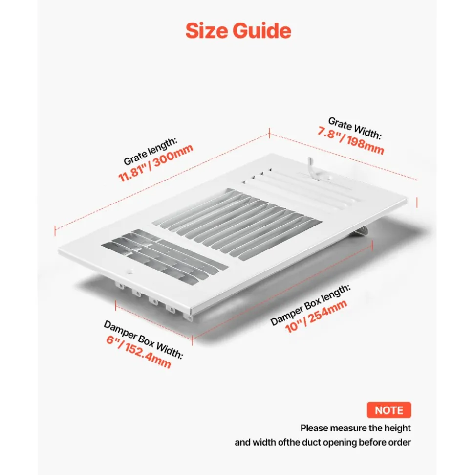 VEVOR 6 x 10 Inch Floor Registers, 6-Pack Floor Vents, HVAC 3-Direction Iron Vent Grilles for Home/Office Wall & Ceiling, Rustproof Anti-Peeling Air Vents Deflector Adjustable with Metal Damper, White