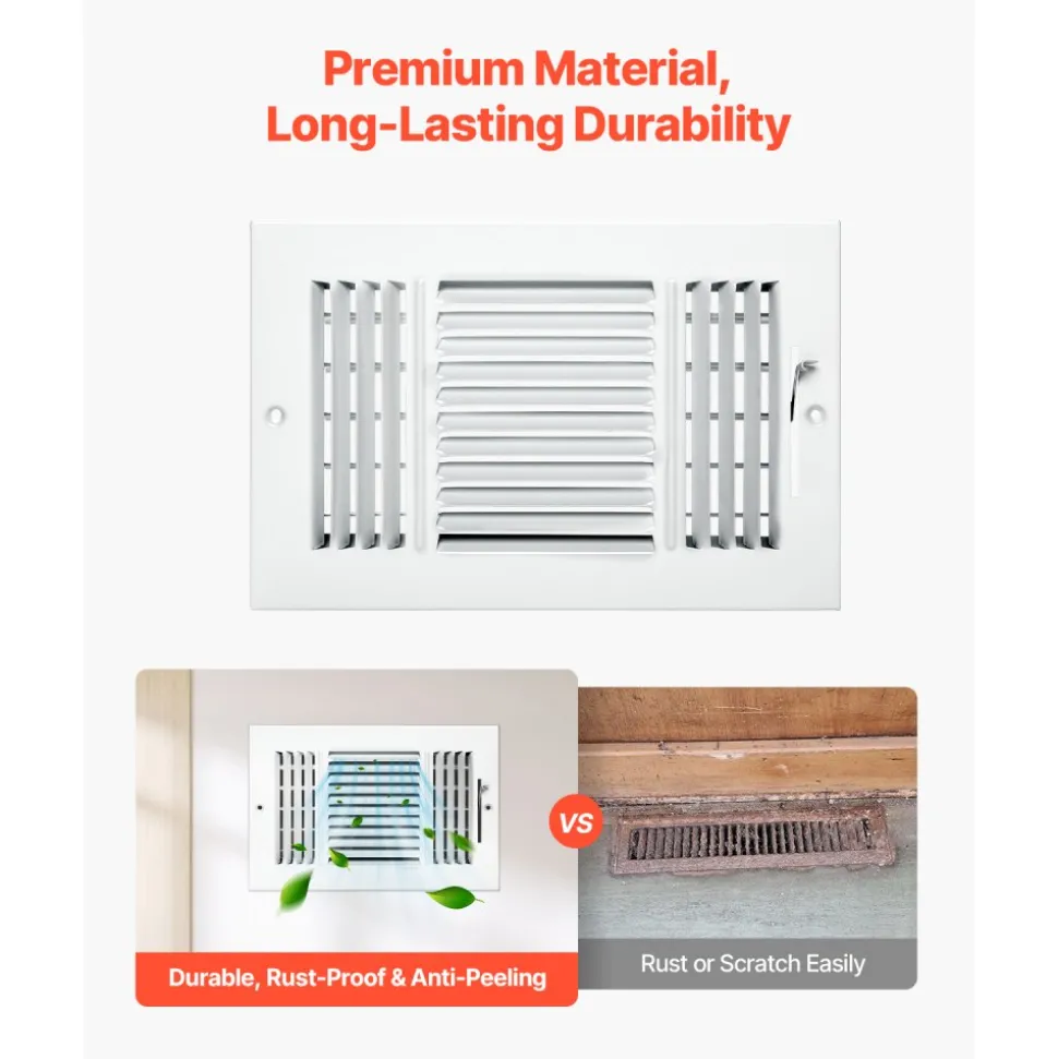 VEVOR 6 x 10 Inch Floor Registers, 6-Pack Floor Vents, HVAC 3-Direction Iron Vent Grilles for Home/Office Wall & Ceiling, Rustproof Anti-Peeling Air Vents Deflector Adjustable with Metal Damper, White