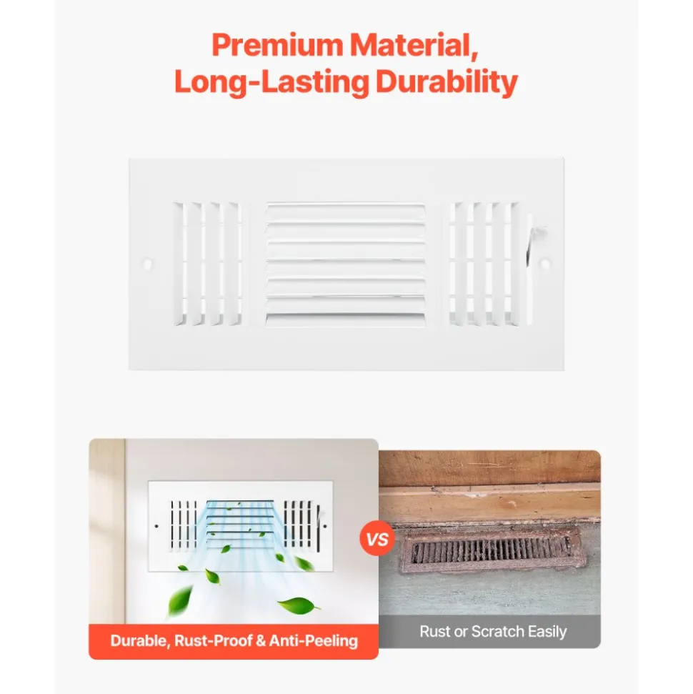 VEVOR 4 x 10 Inch Floor Registers, 6-Pack Floor Vents, HVAC 3-Direction Iron Vent Grilles for Home/Office Wall & Ceiling, Rustproof Anti-Peeling Air Vents Deflector Adjustable with Metal Damper, White