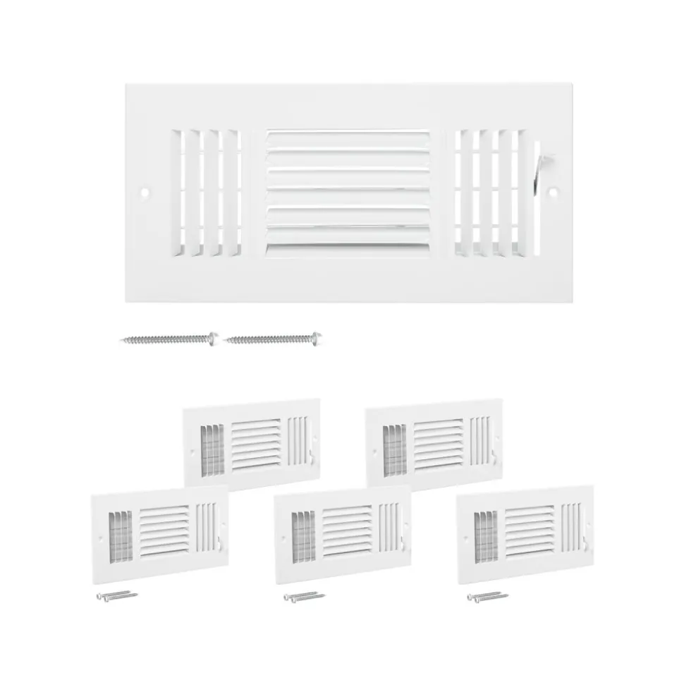 VEVOR 4 x 10 Inch Floor Registers, 6-Pack Floor Vents, HVAC 3-Direction Iron Vent Grilles for Home/Office Wall & Ceiling, Rustproof Anti-Peeling Air Vents Deflector Adjustable with Metal Damper, White