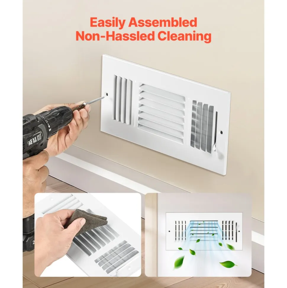 VEVOR 4 x 10 Inch Floor Registers, 6-Pack Floor Vents, HVAC 3-Direction Iron Vent Grilles for Home/Office Wall & Ceiling, Rustproof Anti-Peeling Air Vents Deflector Adjustable with Metal Damper, White