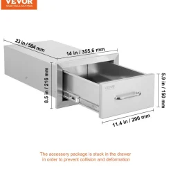 VEVOR 14x8.5 Inch Outdoor Kitchen Drawers Stainless Steel, Flush Mount Double Drawers,14W x 8.5H x 23D Inch, with Stainless Steel Handle, BBQ Drawers for Outdoor Kitchens or BBQ Island