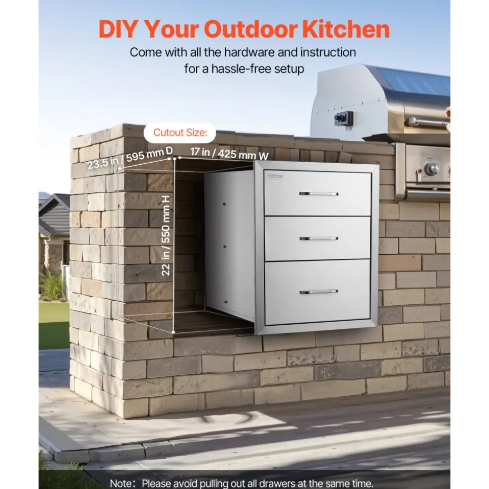 VEVOR 18x23 Inch Outdoor Kitchen Stainless Steel Triple Access BBQ Drawers with Chrome Handle, 18 x23 x 23 Inch