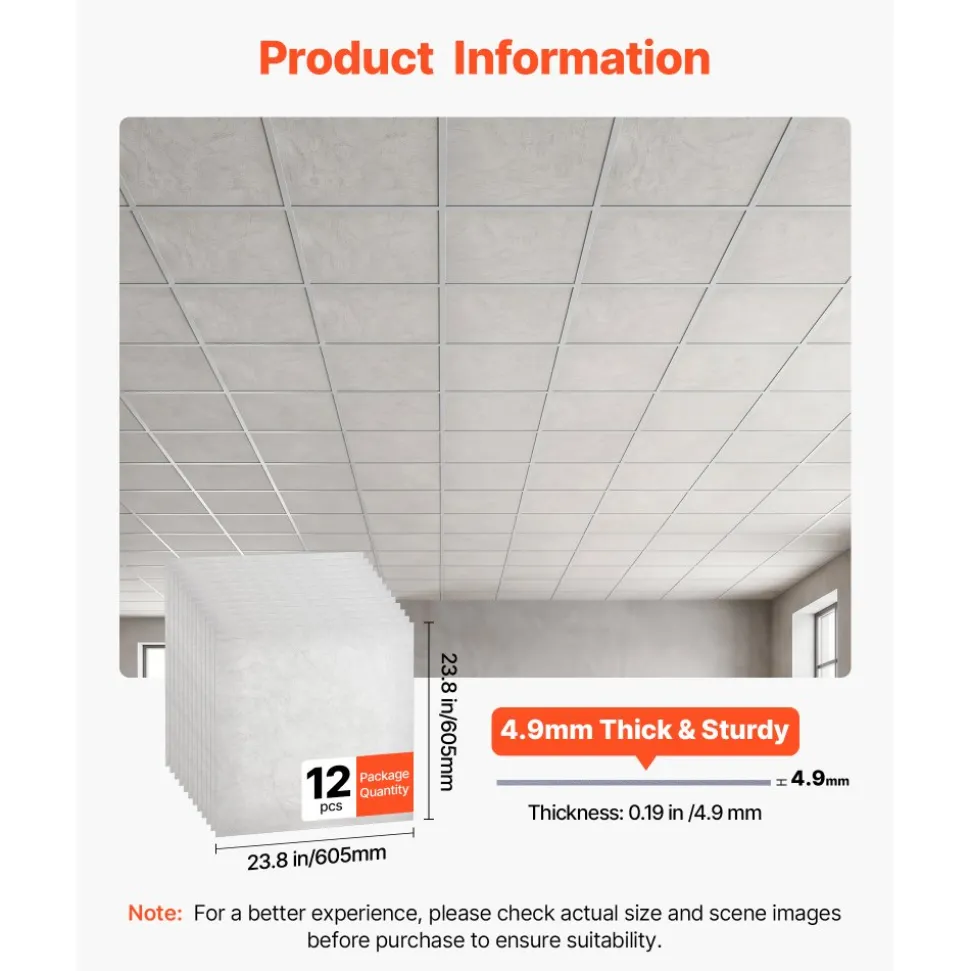 VEVOR 24 x 24 in PVC Ceiling Tiles 12-Pack Drop Ceiling Panels White Marble, PVC Foam Board, Grid Fit, Water-Resistant, Flexible Cut, Easy to Clean, Modern Decorative Finish for Home, Office Areas
