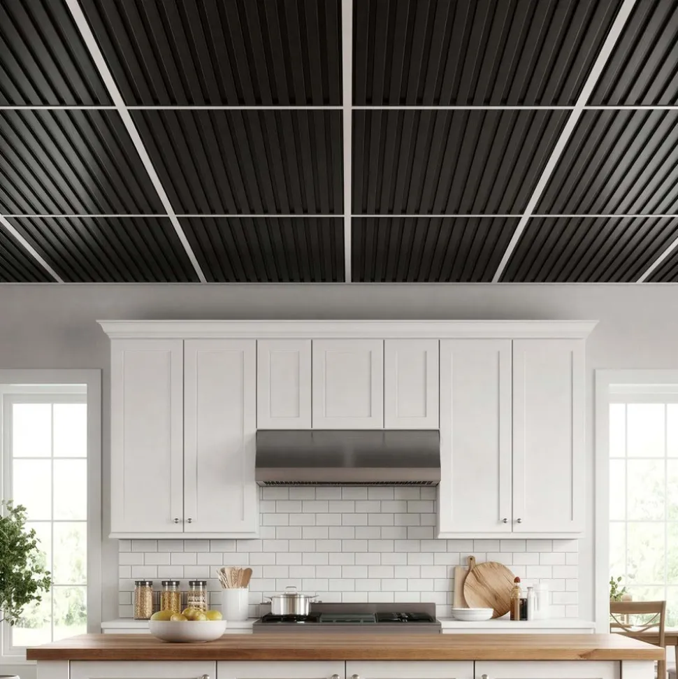 VEVOR 24 x 48 in PVC Ceiling Tiles 12-Pack 3D Black Linear Slat Panels, Smooth PVC Sheet for Drop Grid, Impact-Resistant, Paintable Surface, Easy Cut, Modern Decorative Style for Home, Office