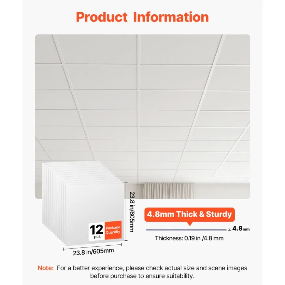 VEVOR 24 x 24 in PVC Ceiling Tiles 12-Pack Drop Ceiling Panels White, PVC Foam Board, Grid Fit, Water-Resistant, Flexible Cut, Easy to Clean, Modern Decorative for Home,Office,Kitchen,Living Room