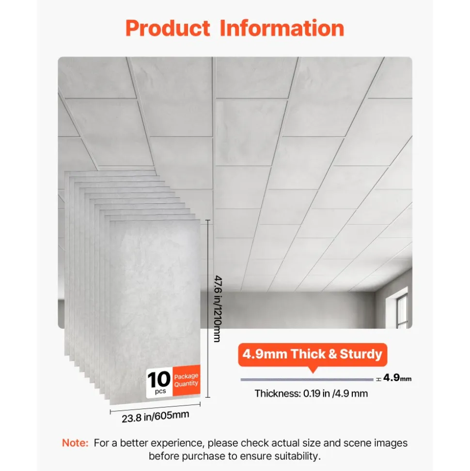 VEVOR 24 x 48 in PVC Ceiling Tiles 10-Pack Drop Ceiling Panels White Marble, PVC Foam Board, Grid Fit, Water-Resistant, Flexible Cut, Easy to Clean, Modern Decorative Finish for Home, Office Areas