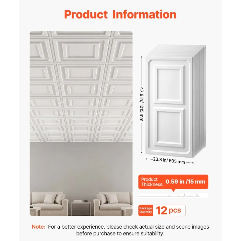 VEVOR 24 x 48 in PVC Ceiling Tiles 12-Pack White 3D Textured Accent Panels, PVC Sheet for Drop Grid, Impact-Resistant, Paintable Surface, Easy Cut, Modern Decorative Style for Home, Office Area