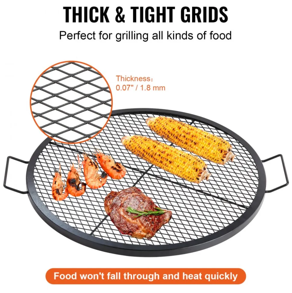 VEVOR X-Marks Fire Pit Grill Grate, Round Cooking Grate, Heavy Duty Steel Campfire BBQ Grill Grid with Handle and Support X Wire, Portable Camping Cookware for Outside Party & Gathering, 30 Inch Black