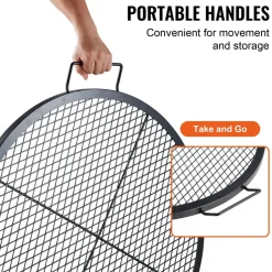 VEVOR X-Marks Fire Pit Grill Grate, Round Cooking Grate, Heavy Duty Steel Campfire BBQ Grill Grid with Handle and Support X Wire, Portable Camping Cookware for Outside Party & Gathering, 30 Inch Black