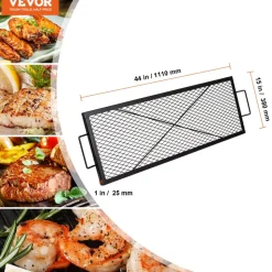 VEVOR X-Marks Fire Pit Grill Grate, Rectangle Cooking Grate, Heavy Duty Steel Campfire BBQ Grill Grid with Handle & Support X Wire, Portable Camping Cookware for Outside Party Gathering, 32 Inch Black