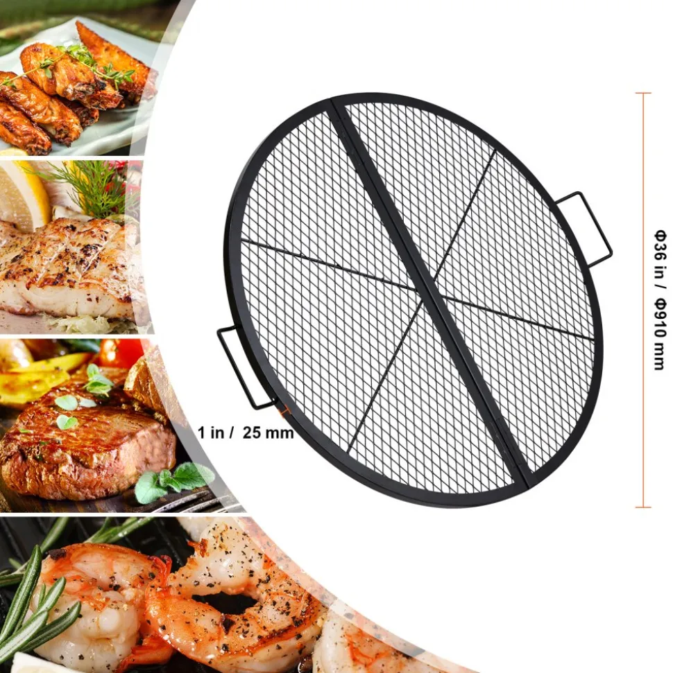 VEVOR X-Marks Fire Pit Grill Grate, Foldable Round Cooking Grate, Heavy Duty Steel Campfire BBQ Grill Grid with Handle and Support X Wire, Portable Camping Cookware for Outside Party, 36 Inch Black