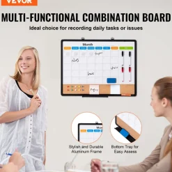VEVOR 24"x 18" Monthly Calendar Whiteboard & Cork Board Combo with Aluminum Frame – 2-in-1 Magnetic Dry Erase Bulletin Board for Wall Mount – Ideal for School, Home, Office