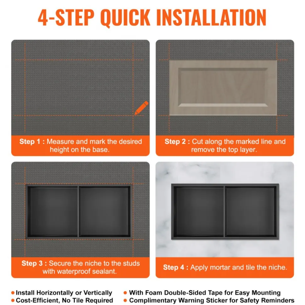 VEVOR 13"x25" No Tile Shower Niche 304 Stainless Steel, Wall-Inserted Niche Recessed Double Shelves, Sealed Waterproof Rust-Resistant Easy Cleaning Modern Niche for Shower or Soap Storage Bathroom