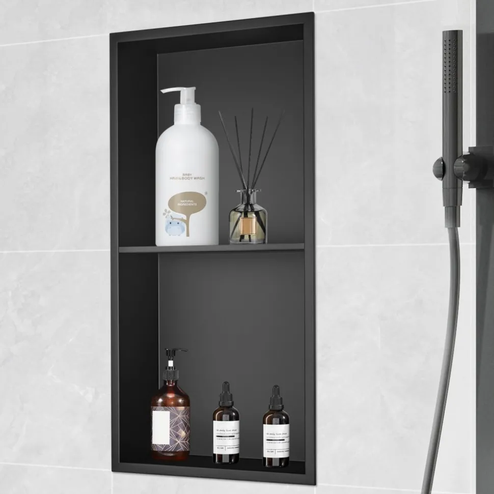 VEVOR 13"x25" No Tile Shower Niche 304 Stainless Steel, Wall-Inserted Niche Recessed Double Shelves, Sealed Waterproof Rust-Resistant Easy Cleaning Modern Niche for Shower or Soap Storage Bathroom