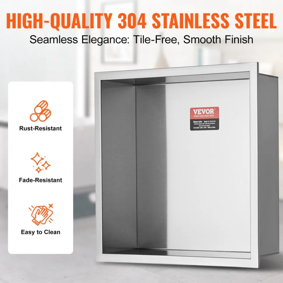 VEVOR 13"x13" No Tile Shower Niche 304 Stainless Steel, Wall-Inserted Niche Recessed Double Shelves, Sealed Waterproof Rust-Resistant Modern Niche for Shower Bathroom Soap Storage, Silver