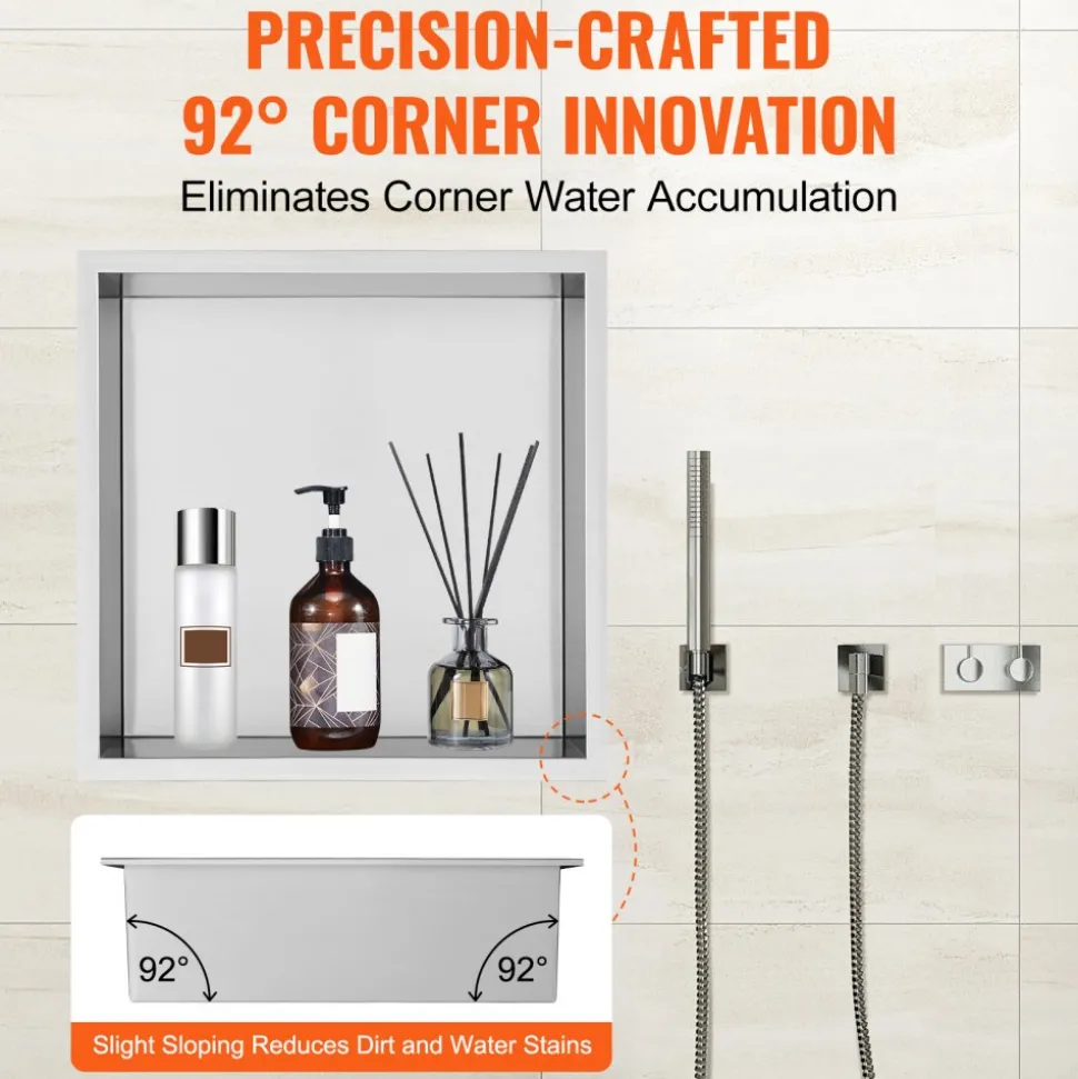 VEVOR 13"x13" No Tile Shower Niche 304 Stainless Steel, Wall-Inserted Niche Recessed Double Shelves, Sealed Waterproof Rust-Resistant Modern Niche for Shower Bathroom Soap Storage, Silver