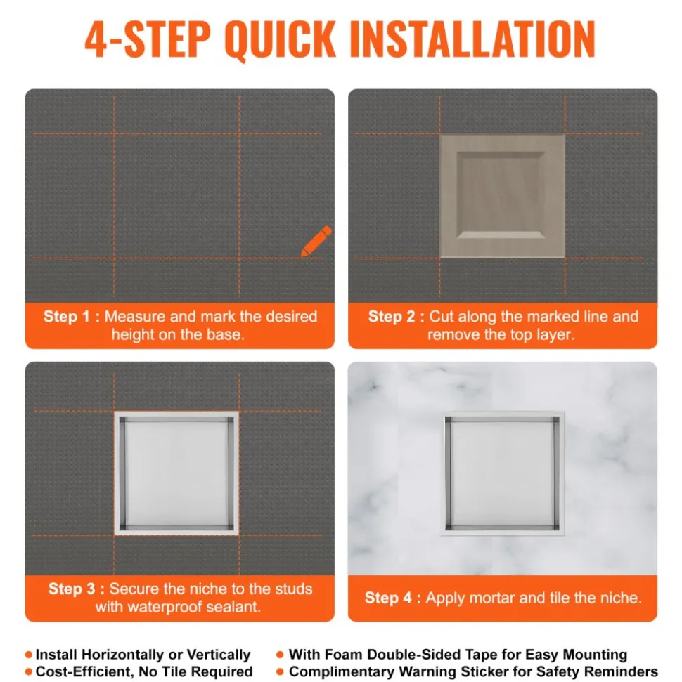 VEVOR 13"x13" No Tile Shower Niche 304 Stainless Steel, Wall-Inserted Niche Recessed Double Shelves, Sealed Waterproof Rust-Resistant Modern Niche for Shower Bathroom Soap Storage, Silver