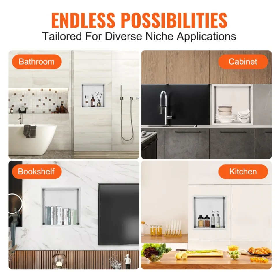 VEVOR 13"x13" No Tile Shower Niche 304 Stainless Steel, Wall-Inserted Niche Recessed Double Shelves, Sealed Waterproof Rust-Resistant Modern Niche for Shower Bathroom Soap Storage, Silver